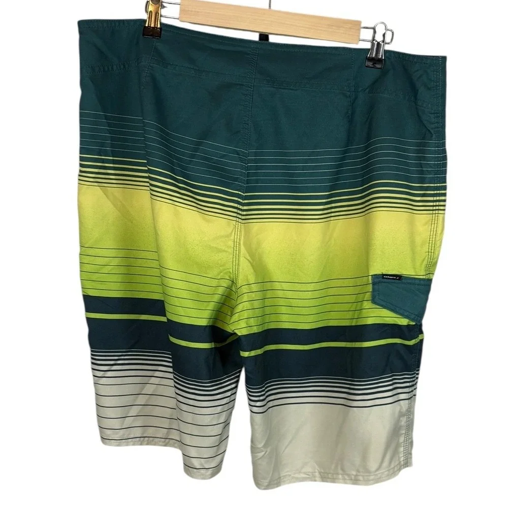 ONeill Mens Board Shorts Size‎ 36 Teal Lime Green Striped Swim Trunks SP9106031D
